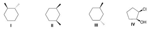 <strong>Which of the following cyclic molecules is a meso compound? </strong> A)I B)II C)III D)IV