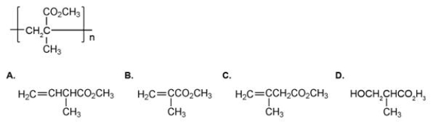 <strong>The repeating unit of poly(methyl methacrylate) is shown below.Which one of the following is the monomer used to make poly(methyl methacrylate)? </strong> A)A B)B C)C D)D