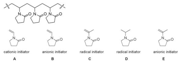 <strong>Which monomer and which type of initiator would you use to synthesize the following polymer? </strong> A)A B)B C)C D)D E)E