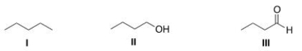 <strong>Rank the following compounds in order of increasing strength of intermolecular forces, putting the molecule with the weakest intermolecular force first. </strong> A)I < II < III B)II < I < III C)I < III < II D)II < III < I