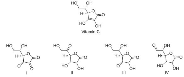 <strong>Vitamin C is a stable enediol.Which is the structure of a possible keto form in equilibrium with the enediol form? </strong> A)I B)II C)III D)IV