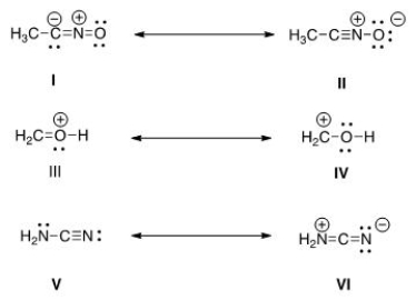 <strong>Which is more important in each pair of contributing resonance structures? </strong> A)II, IV, V B)II, III, V C)II, III, VI D)I, IV, V