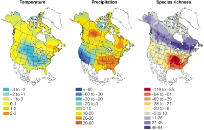 <strong> According to the figure,California is predicted to have</strong> A)reduced temperatures. B)reduced precipitation. C)massive increases in species richness. D)massive decreases in species richness.
