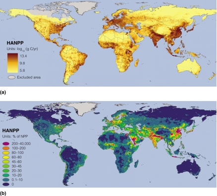 <strong> Which region represents the highest HANPP as a percentage of local NPP?</strong> A)Australia B)Canada C)South America D)India