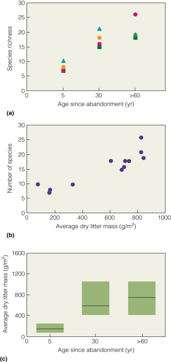 <strong> What does this figure suggest is responsible for increasing species diversity?</strong> A)time alone B)increasing leaf litter C)decreasing leaf litter D)increase in agriculture