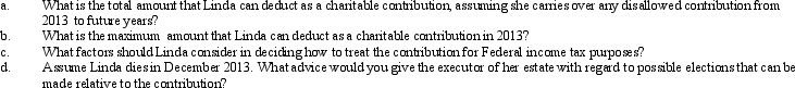 Linda,who has AGI of $120,000 in 2013,contributes stock in Mauve Corporation (a publicly traded corporation)to the Salvation Army,a qualified charitable organization.The stock is worth $65,000,and Linda acquired it as an investment four years ago at a cost of $50,000.