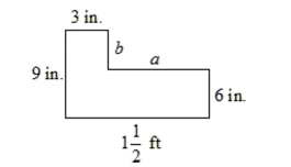 Find the lengths of the two missing sides labeled a and b. Then find the perimeter of the figure.