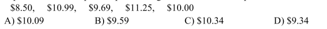 The prices of five comparable pizzas are given. Find the mean price. Round to the nearest cent.