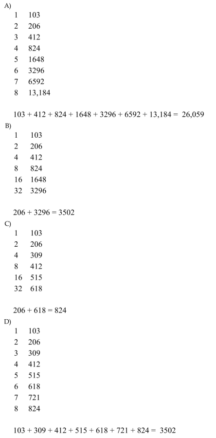 Use the Egyptian algorithm to multiply. 34 × 103