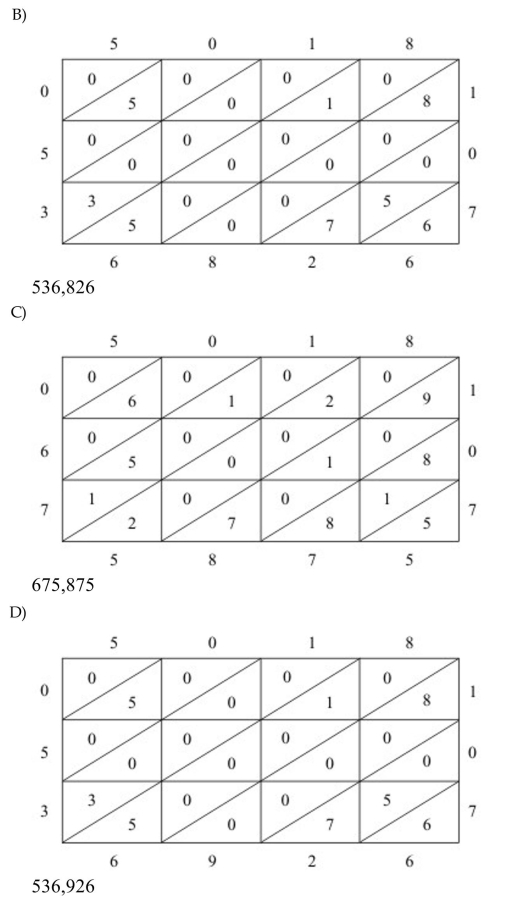 Use the lattice method to multiply. 107 × 5,018