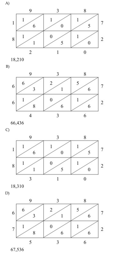 Use the lattice method to multiply. 72 × 938