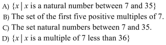 Write the set using the descriptive method: {7, 14, 21, 28, 35}