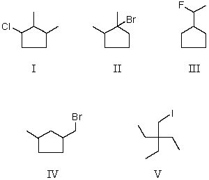 <strong>Which is a 3 \degree alkyl halide? </strong> A) I B) II C) III D) IV E) V