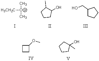 <strong>Which compound is a tertiary alcohol? </strong> A) I B) II C) III D) IV E) V