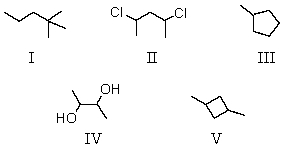 <strong>A tertiary carbon atom is present in which of these compounds? </strong> A) I B) II,IV C) III,V D) IV E) All of these