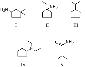 <strong>Which is a 3 \degree amine? </strong> A) I B) II C) III D) IV E) V