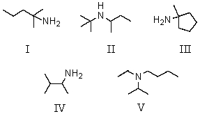 <strong>An example of a tertiary amine is: </strong> A) I B) II C) III D) IV E) V