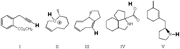 <strong>Rank the bold-faced hydrogens for the following compounds from most acidic to least acidic. </strong> A) I > IV > II > V > III B) II > IV > I > V > III C) II > IV > V > I > III D) IV > I > II > V > III E) IV > II > I > V > III