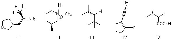 <strong>Rank the bold-faced hydrogens for the following compounds from most acidic to least acidic. </strong> A) I > II > III > IV > V B) V > IV > II > III > I C) V > II > IV > III > I D) II > V > IV > III > I E) V > IV > III > II > I