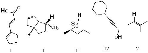 <strong>Rank the bold-faced hydrogens for the following compounds from most acidic to least acidic. </strong> A) III > IV > I > V > II B) II > III > V > IV > I C) II > V > III > IV > I D) V > III > II > IV > I E) III > I > IV > V > II