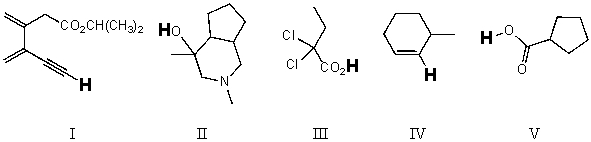 <strong>Rank the bold-faced hydrogens for the following compounds from most acidic to least acidic. </strong> A) V > III > II > IV > I B) II > V > III > I > IV C) V > III > II > I > IV D) III > I > V > II > IV E) III > V > II > I > IV