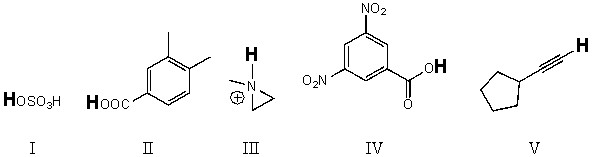 <strong>Rank the bold-faced hydrogens for the following compounds from most acidic to least acidic. </strong> A) IV > II > III > V > I B) II > IV > I > V > III C) IV > I > III > II > V D) I > IV > II > V > III E) I > IV > II > III > V