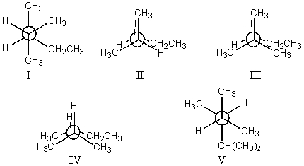 <strong>The least stable conformation of 2,3-dimethylpentane,viewed through the C-2-C-3 bond (i.e. ,C-2 in the front,C-3 in the back): </strong> A) I B) II C) III D) IV E) V