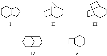 <strong>Which of the following is bicyclo[3.2.2]nonane?  </strong> A) I B) II C) III D) IV E) V <div style=padding-top: 35px> 