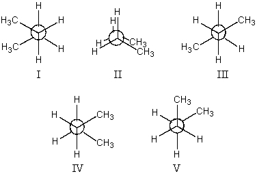 <strong>The most stable conformation of butane is: </strong> A) I B) II C) III D) IV E) V