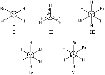<strong>Which conformation(s)of 1,2-dibromoethane does not illustrate one or more gauche interactions? </strong> A) I and II only B) II,III,and V only C) I,III,and IV only D) All but one above E) All the above