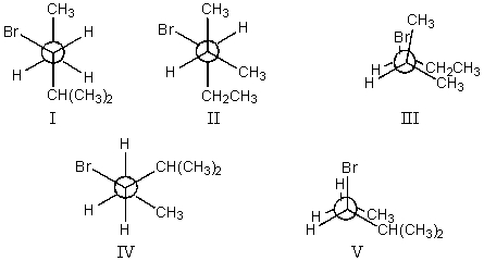 <strong>The least stable conformation of 3-bromo-2-methylpentane,viewed through the C-3-C-4 bond (i.e. ,C-3 in the front,C-4 in the back): </strong> A) I B) II C) III D) IV E) V