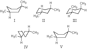 <strong>What structure represents the most stable conformation of cis-1,3-dimethylcyclohexane? </strong> A) I B) II C) III D) IV E) V