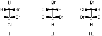 <strong>Which molecule is achiral? </strong> A) I B) II C) III D) More than one of the above E) None of the above