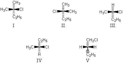 <strong>Chiral molecules are represented by: </strong> A) I,II,III,IV and V B) I,II,III and IV C) I and II D) III and IV E) IV alone