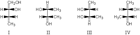 <strong> Which compound above (I-IV)is a meso compound?</strong> A) I B) II C) III D) IV E) None of these