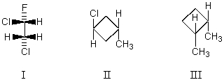 <strong>Which molecule has a plane of symmetry? </strong> A) I B) II C) III D) More than one of these E) None of these