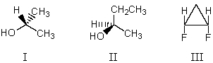 <strong>Which molecule has a plane of symmetry? </strong> A) I B) II C) III D) More than one of these E) None of these