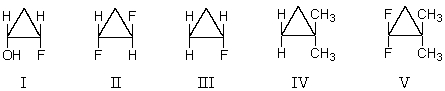 <strong>Which molecule is a meso compound? </strong> A) I and II B) IV and V C) II and III D) I,II and III E) None of the above