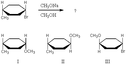 <strong>What product(s)would you expect to obtain from the following S<sub>N</sub>2 reaction? </strong> A) I B) II C) An equimolar mixture of I and II. D) III E) None of these