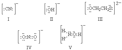 <strong>Ambident nucleophiles are ones which can react with a substrate at either of two nucleophilic sites.Which of the following is not an ambident nucleophile? </strong> A) I B) II C) III D) IV E) V
