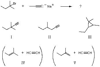<strong>What would you expect to be the chief organic product(s)when 2-bromo-2-methylpentane react(s)with sodium propynide,i.e. , </strong> A) I B) II C) III D) IV E) V