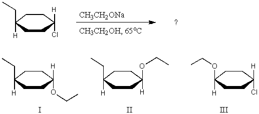 <strong>What major product(s)are likely to be obtained from the following reaction? </strong> A) I,by predominantly S<sub>N</sub>2 B) II,by predominantly S<sub>N</sub>2 C) An equimolar mixture of I and II,by predominantly S<sub>N</sub>1. D) III,by substitution of the alkyl group,rather than substitution of the chloro group. E) Actually,none of these products are likely to be obtained as major products,because elimination will probably predominate,leading to the formation of an alkene.