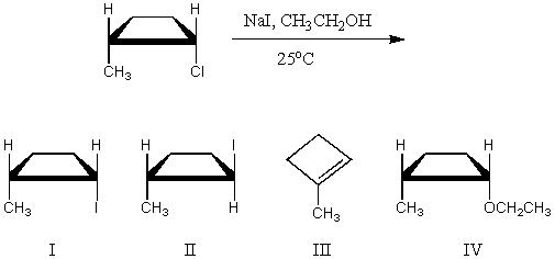 <strong>The major product(s)of the following reaction is(are): </strong> A) I B) II C) III D) IV E) Equal amounts of I and II