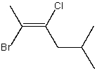 <strong>The correct IUPAC name for the following compound is: </strong> A) (E)-2-Bromo-3-chloro-5-methyl-2-hexene B) (E)-2-Bromo-3-chloro-5-methyl-3-hexene C) (Z)-2-Bromo-3-chloro-5-methyl-3-hexene D) (Z)-2-Bromo-3-chloro-5-methyl-2-hexene E) (E)-2-Methyl-5-bromo-4-chloro-4-hexene