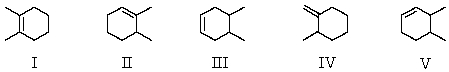 <strong>Which molecule would have the lowest heat of hydrogenation? </strong> A) I B) II C) III D) IV E) V