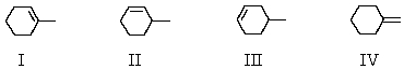<strong>Which product (or products)would be formed in appreciable amount(s)when trans-1-bromo-2-methylcyclohexane undergoes dehydrohalogenation upon treatment with sodium ethoxide in ethanol? </strong> A) I B) II C) III D) IV E) More than one of these