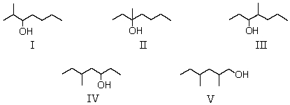 <strong>Which one of the following alcohols would dehydrate most rapidly when treated with sulfuric acid? </strong> A) I B) II C) III D) IV E) V