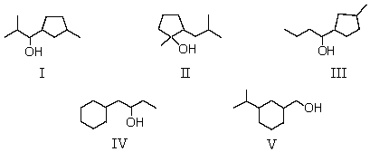 <strong>Which alcohol would be most easily dehydrated? </strong> A) I B) II C) III D) IV E) V