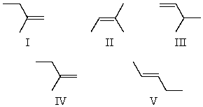 <strong>Neopentyl alcohol, (CH<sub>3</sub>)<sub>3</sub>CCH<sub>2</sub>OH,cannot be dehydrated to an alkene without rearrangement.What is the chief product of dehydration? </strong> A) I B) II C) III D) IV E) V