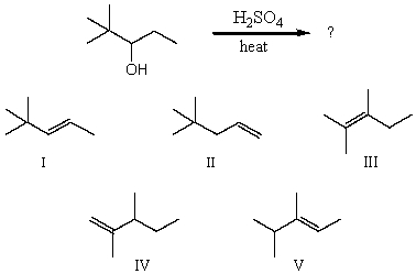 <strong>Which alkene would you expect to be the major product of the following dehydration? </strong> A) I B) II C) III D) IV E) V
